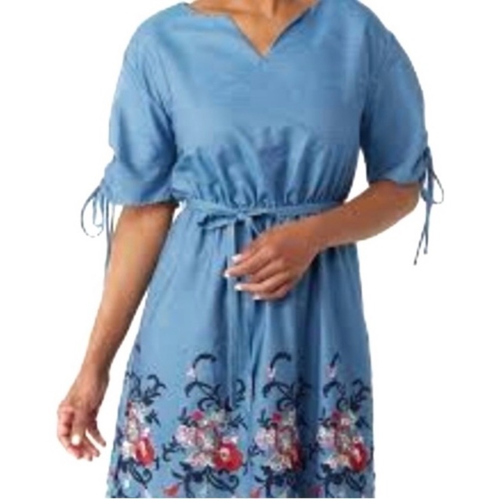 Roz and Ali Chambray Embroidered Dress Cinched Short Sleeves Plus Size Easter